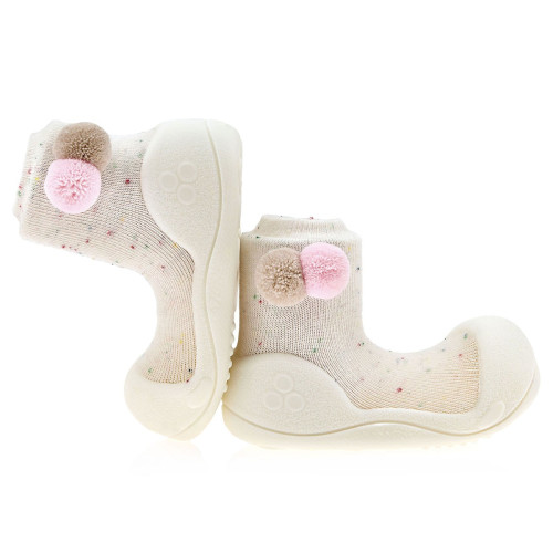 pierwsze buty dla dziewczynki z pomponami kremowe elastyczne Shooting Star Cream