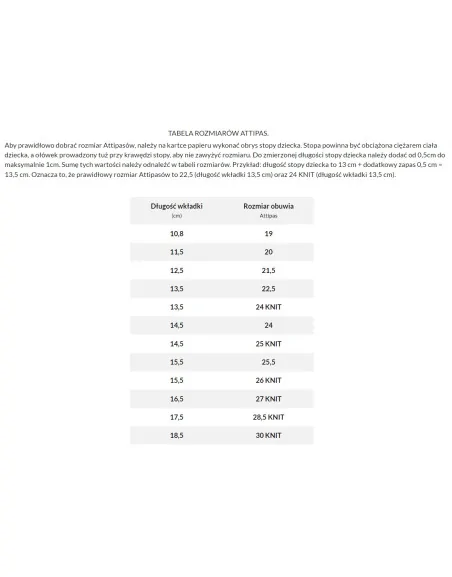 Tabela Rozmiarów Attipas