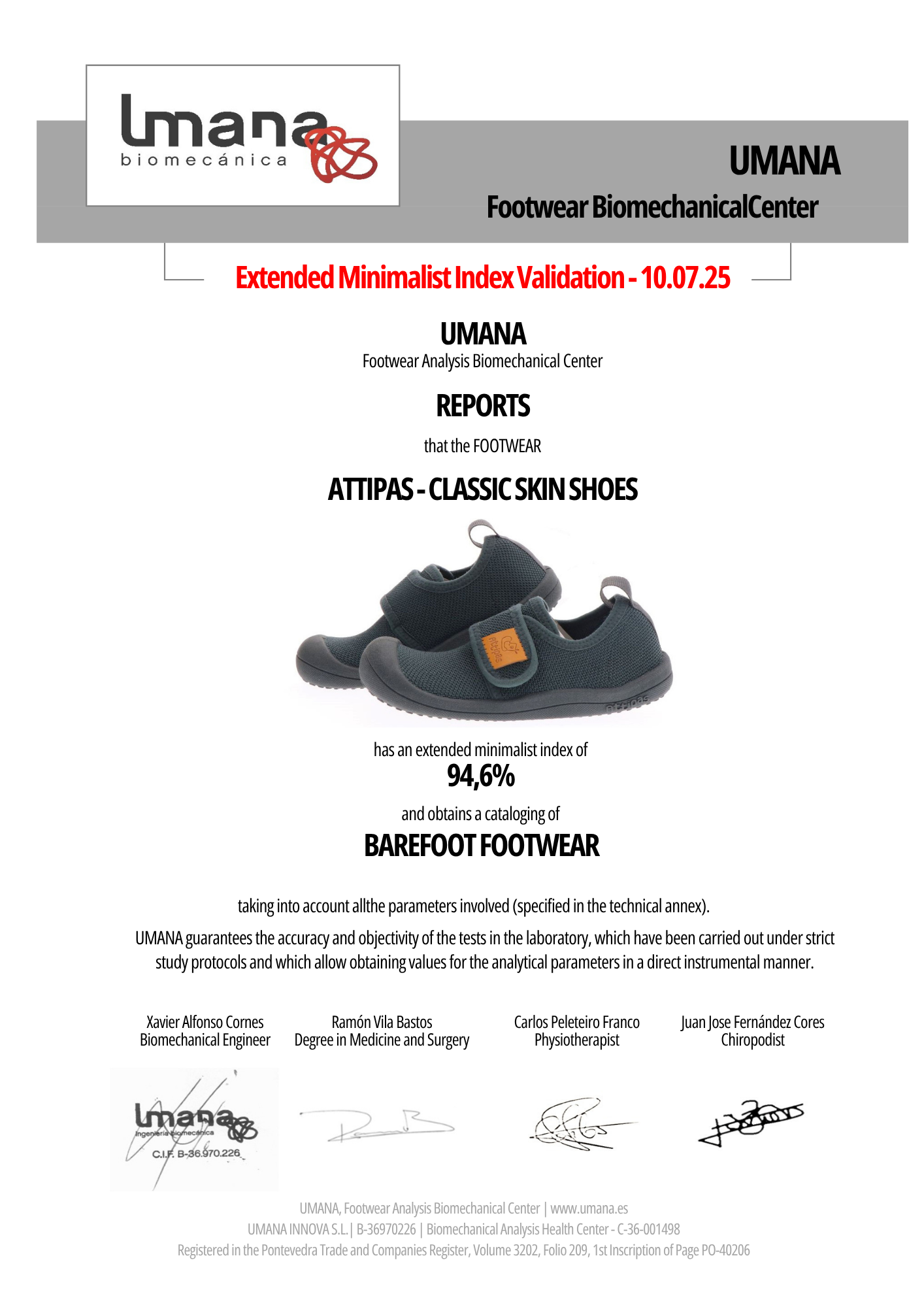 Certyfikat Umana dla Attipas Skin Shoes